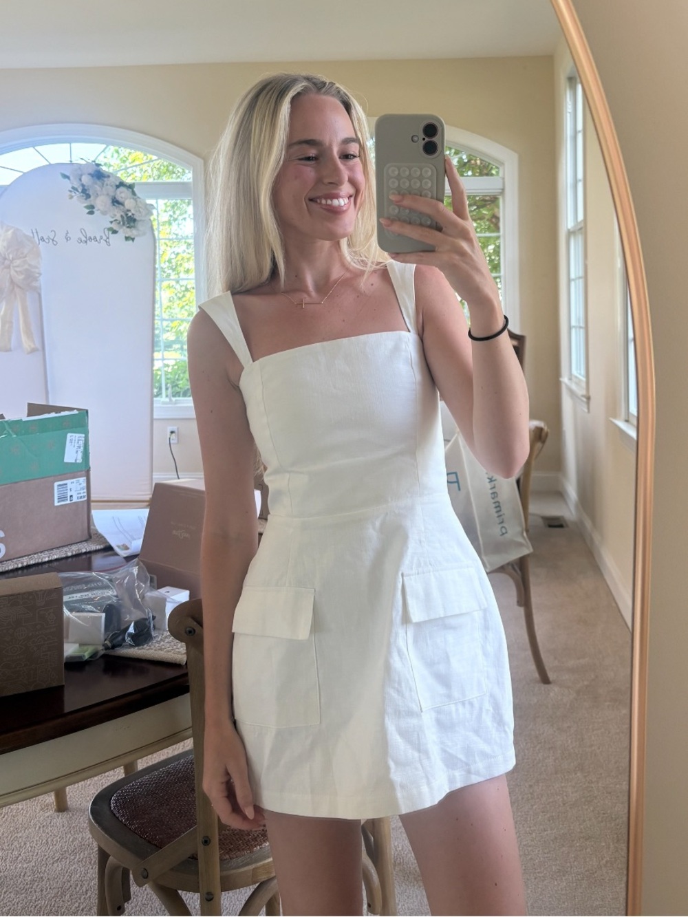 Square-Neck Mini Dress Romper with Front Pockets. Brand: Sky to Moon